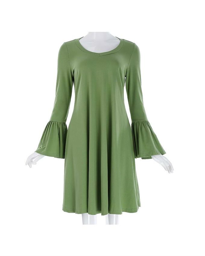 Green-Long-Sleeve-Detail-Trumpet-Cuff-Skater-Dress